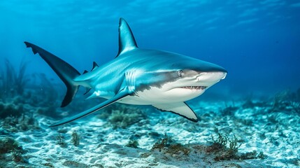 Fototapeta premium Shark gracefully swimming through clear ocean waters over sandy sea floor