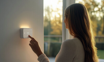 woman adjusts a smart thermostat on a white wall at home, optimizing indoor climate. home automation, energy efficiency, smart home