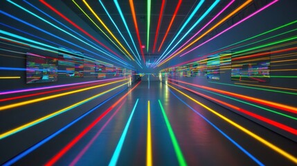 Vibrant light installation showcasing neon beams in an art gallery environment on a lively evening