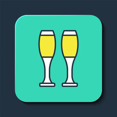 Filled outline Bowling pin icon isolated on blue background. Juggling clubs, circus skittles. Turquoise square button. Vector