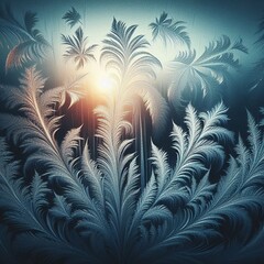 Intricate frost patterns on a window, illuminated by a warm sunrise. The swirling, feather-like designs create a mesmerizing and delicate natural artwork. AI generated.
