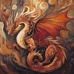 A dynamic dragon illustration with swirling fire and intricate scales in vibrant reds and oranges. -