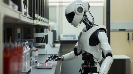 Humanoid robot working in a laboratory setting.