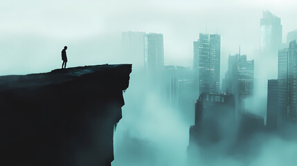 Silhouette of a person perched on the edge of a cliff overlooking a foggy, dystopian cityscape, evoking a sense of isolation and contemplation, anime background. Solitude. Illustration