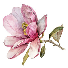 Fototapeta premium Magnolia flower isolated on white background, old botanical watercolor illustration. Magnolia illustration, spring flower branch
