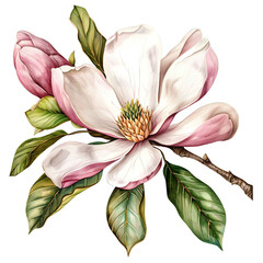 Obraz premium Magnolia flower isolated on white background, old botanical watercolor illustration. Magnolia illustration, spring flower branch