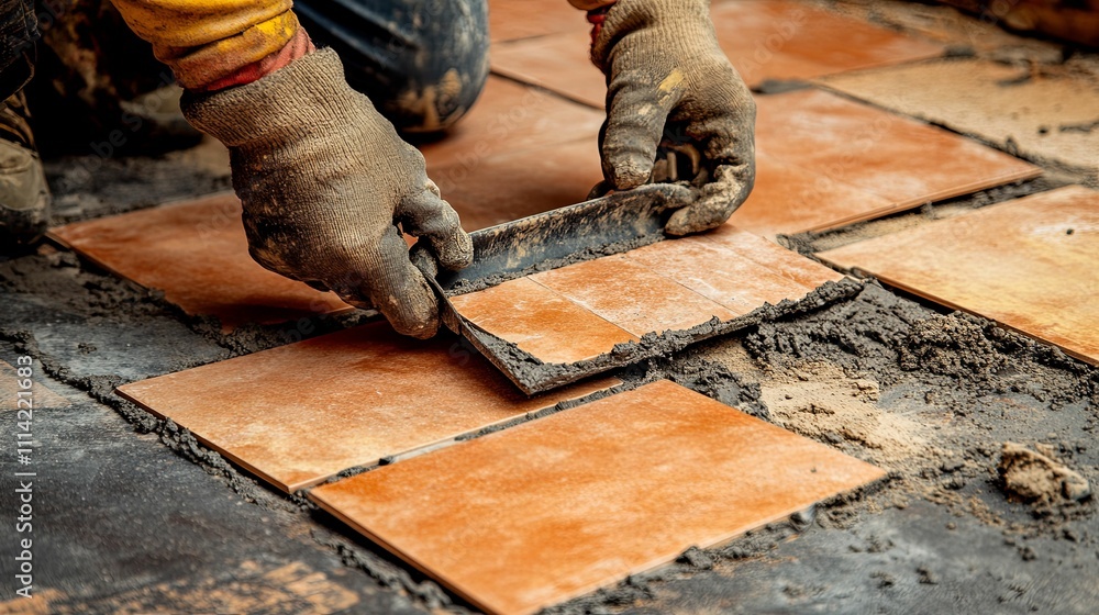 Aufkleber worker installing orange floor tiles using trowel