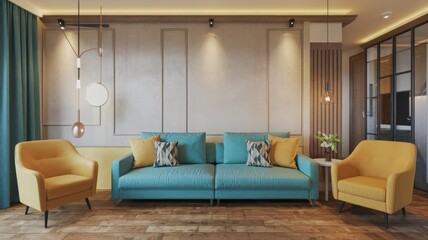 Fototapeta premium Chic Modern Living Room with Turquoise Sofa and Yellow Accents. A stylish living room featuring a turquoise sofa, yellow chairs, elegant lighting, and wooden flooring, all in a contemporary...