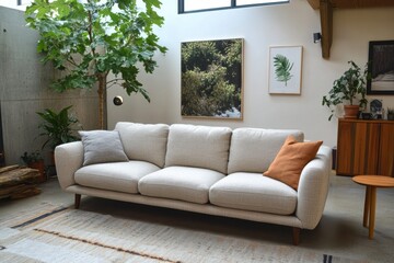 Modern living room design featuring cozy sofa and indoor plants bright home environment interior photography natural light
