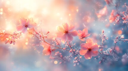 Frosty blossoms, spring morning, sunlight, bokeh effect, soft colors, nature beauty, glowing background, delicate branches, warm atmosphere, floral awakening, serene landscape, peaceful setting


