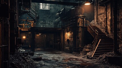 Dark and Moody Industrial Scene with Rugged Texture and Atmospheric Lighting
