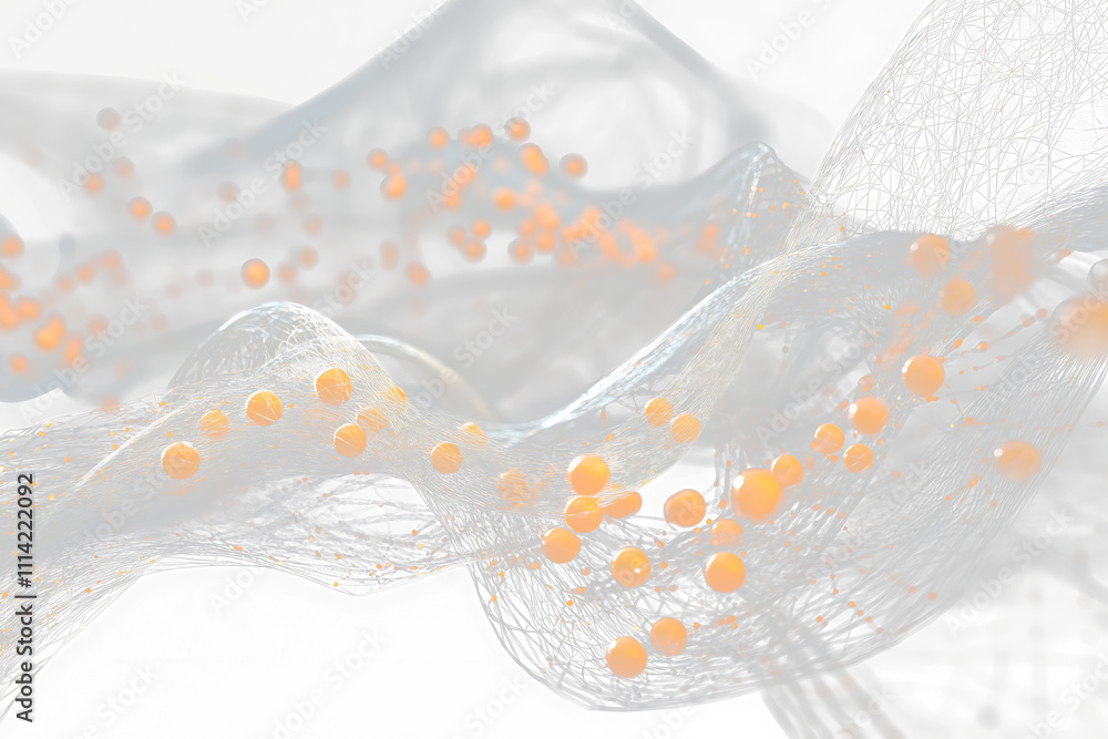 Poster Abstract orange spheres float in a translucent, flowing net against a black background.