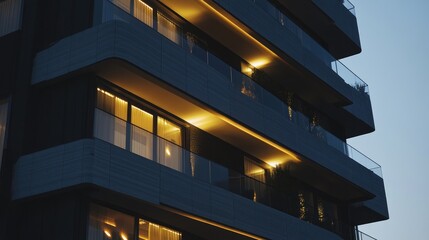 Obraz premium Modern apartment building at dusk, illuminated balconies.