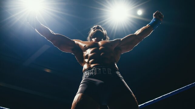 Muscular wrestler celebrates victory in spotlight.