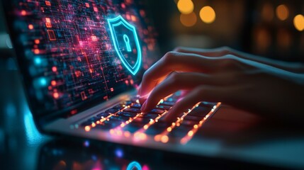 A close-up of a person typing on a laptop with holographic security shields hovering above the keyboard, symbolizing encryption and data protection