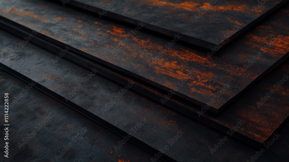 Poster a close-up view of layered, textured metal plates with a dark finish and hints of rust, showcasing t