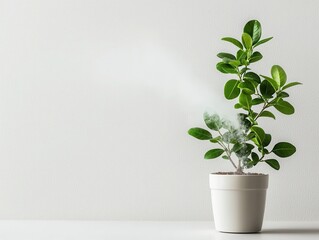 Forest plant emitting water vapor indoor space nature photography minimalist environment close-up view hydration concept for wellness and home decor