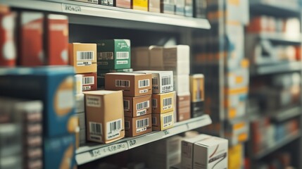 Pharmacy shelves stocked with various medications and health products.