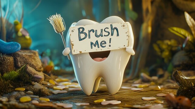 Playful tooth character holding sign encouraging dental hygiene adventure
