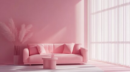 Pink living room with sofa, pampas grass, and sunlight.