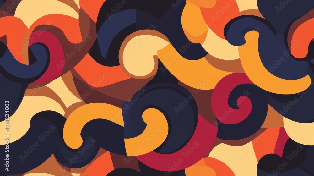 Poster a vibrant abstract pattern featuring swirling shapes in warm colors like red, orange, and yellow aga
