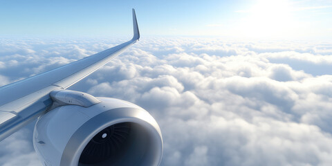 Airplane flying above fluffy sunny clouds, view from plane window of plane wing and sky