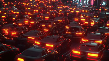 A chaotic urban traffic jam during a festival, with rows of glowing taillights
