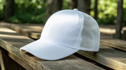 White Trucker Hat Mockup Illustration on Wooden Table Nature Background. For Mockup Design