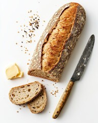 Artisan sourdough bread with butter and knife on white background