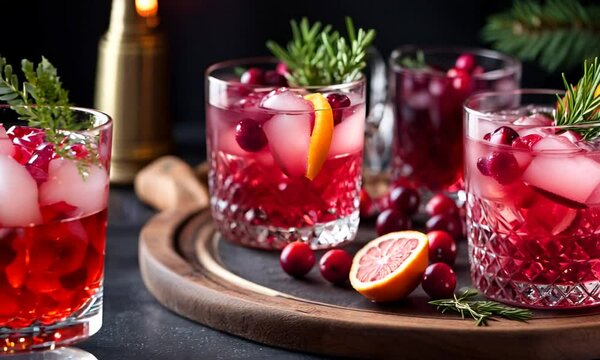  Cranberry gin boozy cocktail with grapefruit and thyme served on winter holidays decorated table, front view
