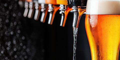 Beer taps in a pub are pouring out beers of different colors. A range of freshly brewed beers, assortment, choice