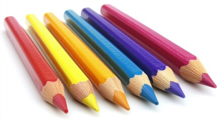 Fototapeta premium Six colorful pencils arranged on white background.