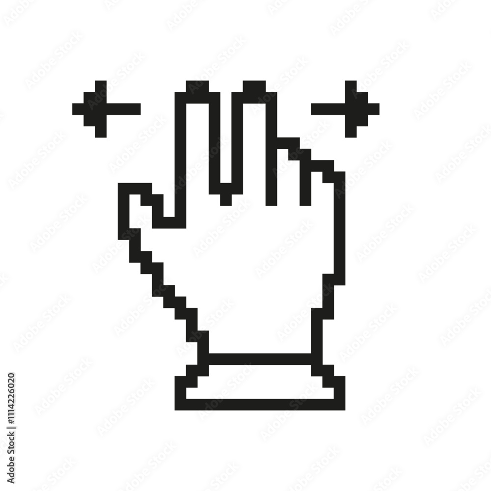Poster pixelated hand cursor icon with arrows to left and right, zoom symbol. pointer symbol in pixel art s