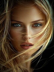 Close-up portrait of a young woman with blonde hair blowing in the wind.