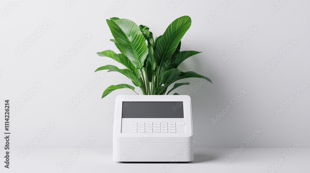 Poster 3D Rendering Register Concept, Minimalist 3D Rendering of a Clean Register with a Leafy Plant on a Subtle Background