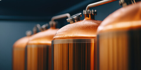 Brewery interior with traditional fermenting copper vats. Natural production and fermentation of light and dark beers, production process