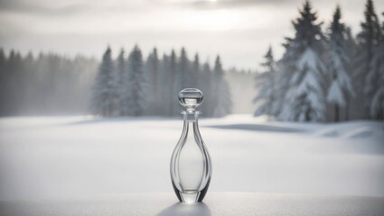 Elegant Glass Bottle in Snowy Landscape with Cinematic Lighting.