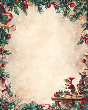 Christmas elf crafting gifts in festive border.
