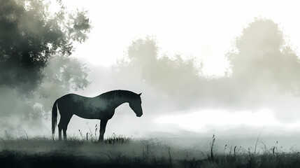 Lone horse standing majestically in a foggy field evocative of solitude and tranquility. Solitude. Illustration