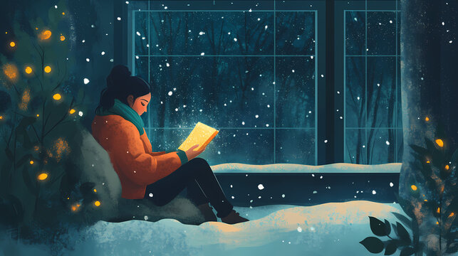 Long winter nights in cold weather, contemplating themes of introspection and seasonal change. Solitude. Illustration