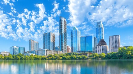 Fototapeta premium Modern skyline of tall skyscrapers reflecting on calm river under a vibrant blue sky