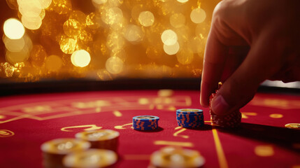 Close-Up View of a Hand Placing Casino Chips on a Red Felt Table with Blurred Golden Bokeh Background Creating an Exciting Gambling Atmosphere