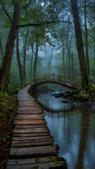 Obraz premium Atmospheric Misty Forest Stream With a Rustic Bridge Crossing