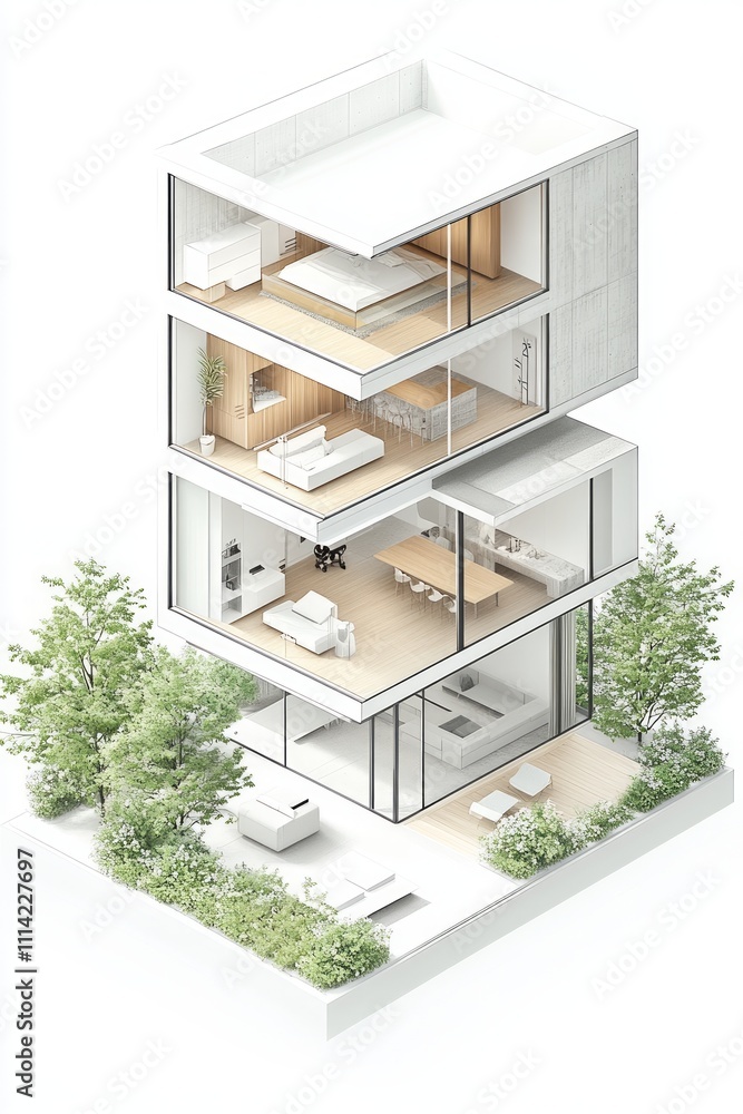 Poster modern architectural design of a minimalist house with multiple levels and open spaces in a lush gar