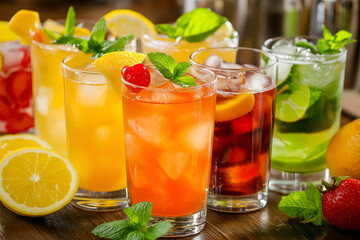 Beautifully garnished drinks with fresh ingredients, showing a variety of alcoholic and non-alcoholic beverages, Drinks photography