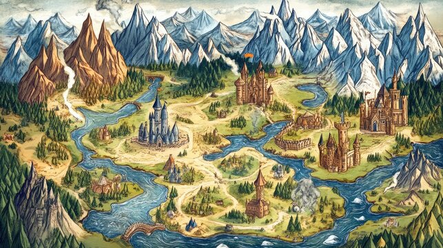 Fantasy kingdom map illustration with castles, mountains, rivers, and forests.
