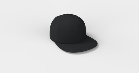 American-style black trucker cap with flat visor designed realistic 3D rendering. Natural textured fabric that mimics soft fleece Ideal for branding advertising or apparel design front left view