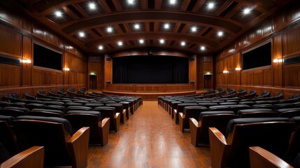 Elegant curved wooden podium in a modern auditorium setting with polished finishes and comfortable seating