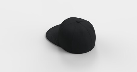 American-style black trucker cap with flat visor designed realistic 3D rendering. Natural textured fabric that mimics soft fleece Ideal for branding advertising or apparel design back right view