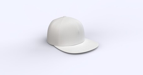 White trucker cap with flat visor 3D render realistic fleece-textured fabric. Perfect for branding advertising and fashion concepts showcasing a modern and versatile design top left view